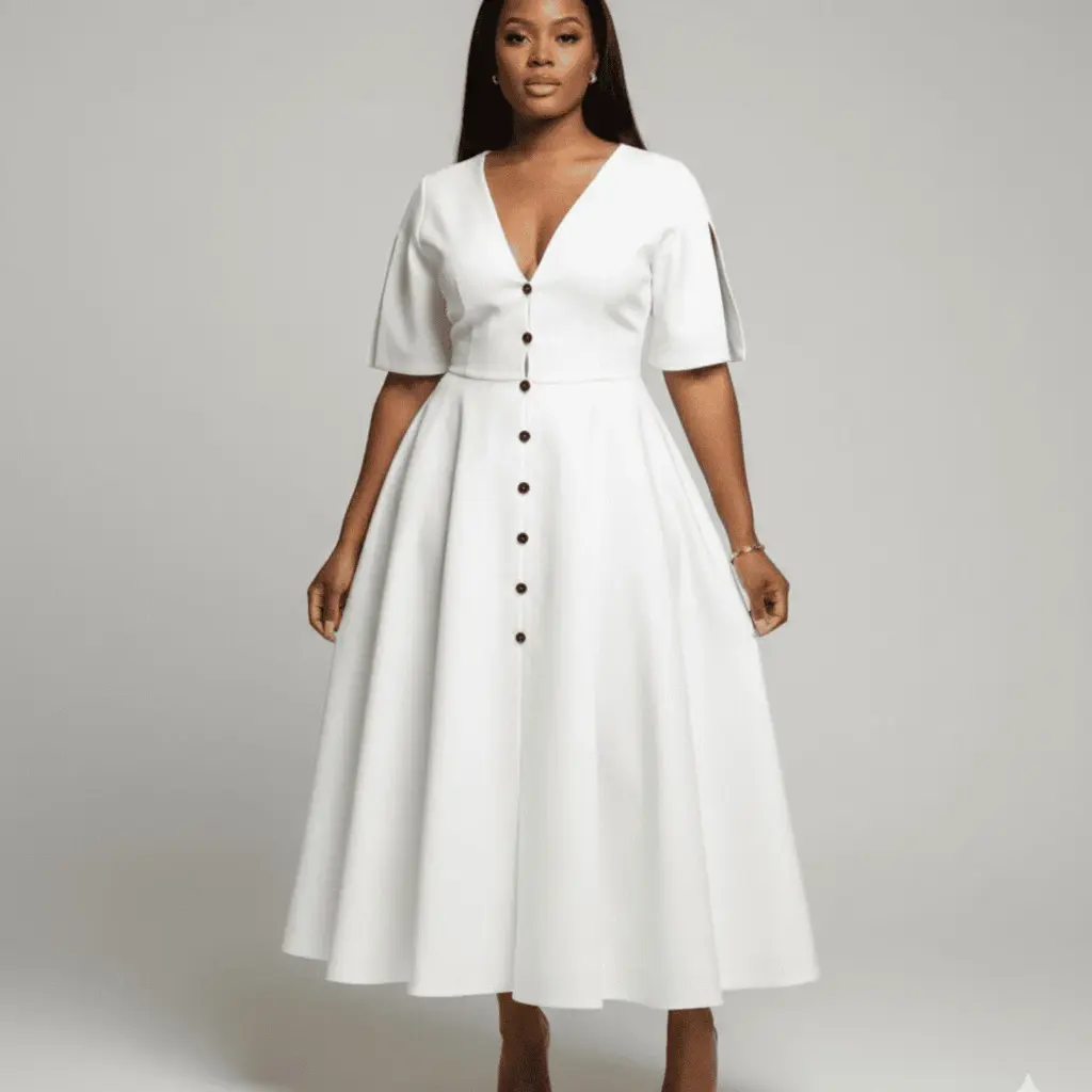 Vestido Midi Evasê com Botoadura Frontal