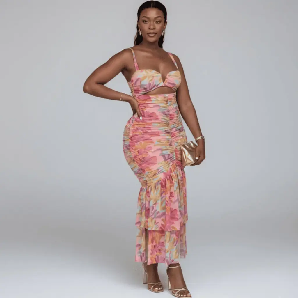 Vestido midi floral com franzido (ruched)