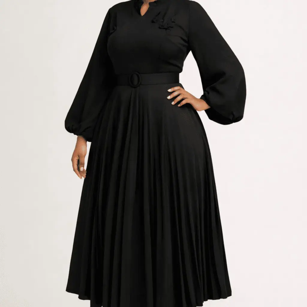 Vestido Midi Plissado com Mangas Bispo