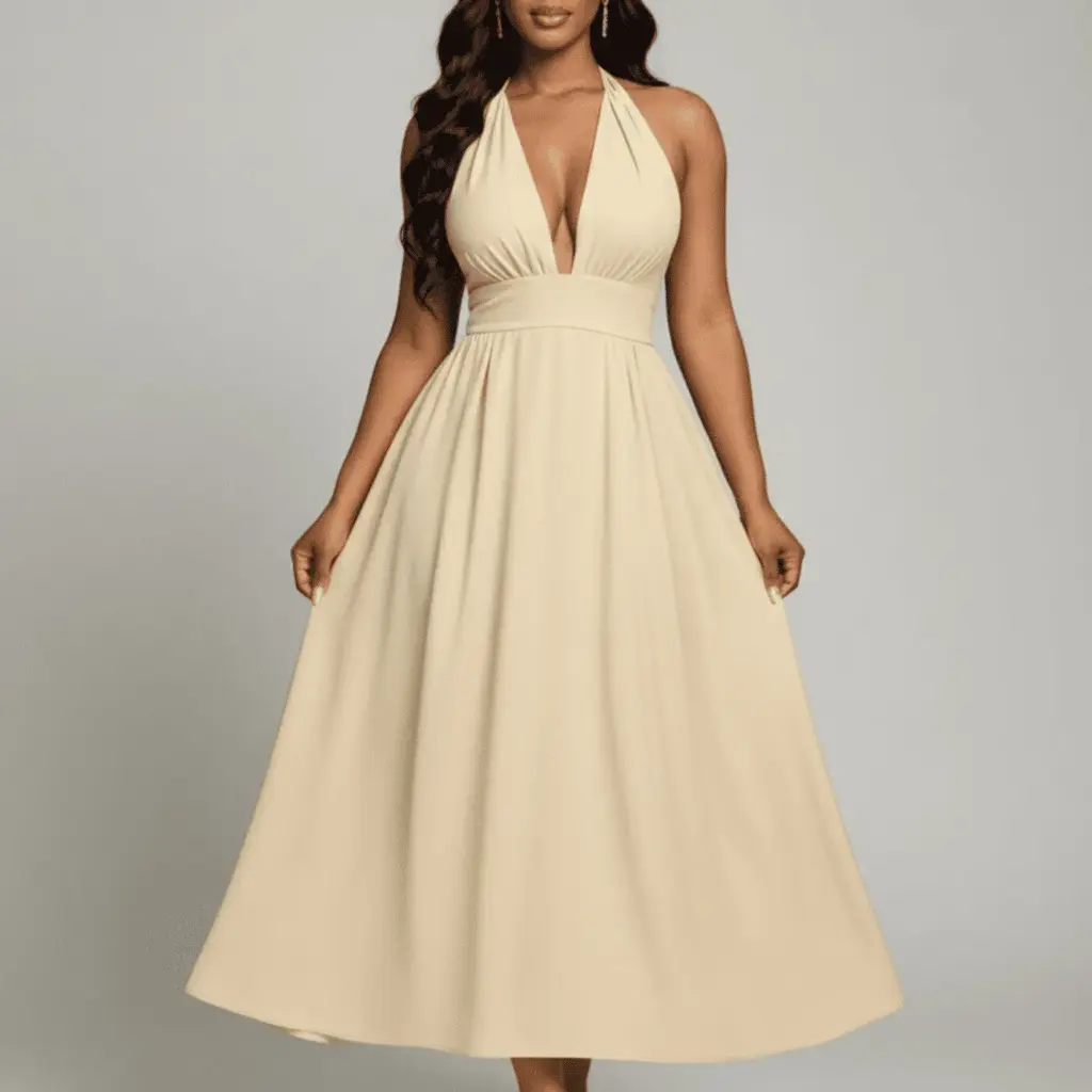 Vestido Midi Halter com Decote em V Profundo