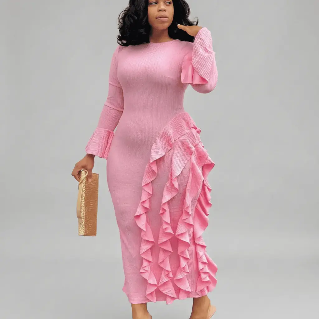 Vestido Midi Plissado com Babados Laterais